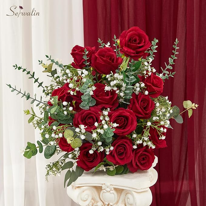 Serwalin 60 PCS Red Artificial Roses in Bulk, 3.15'' Flower Head Fake Silk Roses Realistic Roses for Bridal Bouquet Wedding Centerpieces Flower Arrangement Party Home Decor