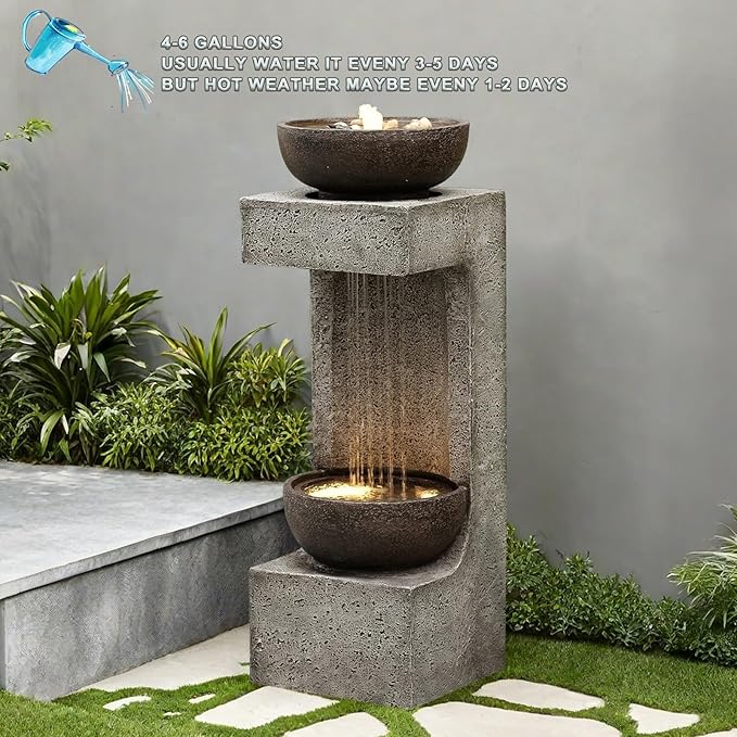 33.9" Waterfall Fountain Outdoor with LED Lights – Modern Rain Curtain Resin Garden Waterfall and Fountains, Bowl Design Outdoor Water Feature for Patio, Porch, Backyard, Lawn & Home Decor