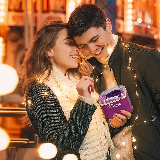 Mikasol Preserved Rose & Heart-Shaped Necklace with Jewelry Box - Preserved Rose, Ideal Romantic Gift for Women, Anniversary, Valentines, Purple, 4.9"x4.5"x4.3"