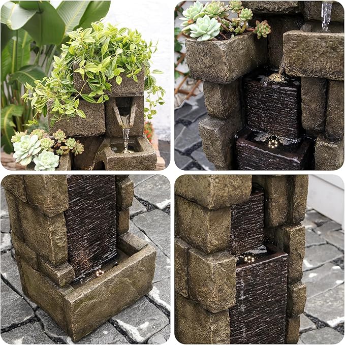 YZM 42.72" H Modern Stacking Bricks Water Fountain Outdoor Cascading Waterfall Fountains with Led Lights for Gardens Landscaping Patios Balconies and Lawns Decor for Outside