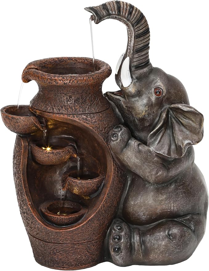 Elephant Outdoor Water Fountain with LED Lights and Pump, 18.9" Tall Resin Garden Waterfall Feature for Patio, Porch, Yard