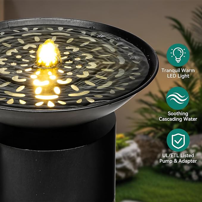 31.5" H Metal Cutout Geometric Patterns Outdoor Water Fountain with LED Lights, 2-Tier Modern Pedestal Waterfall Fountains, Ideal for Garden, Yard, Patio Décor