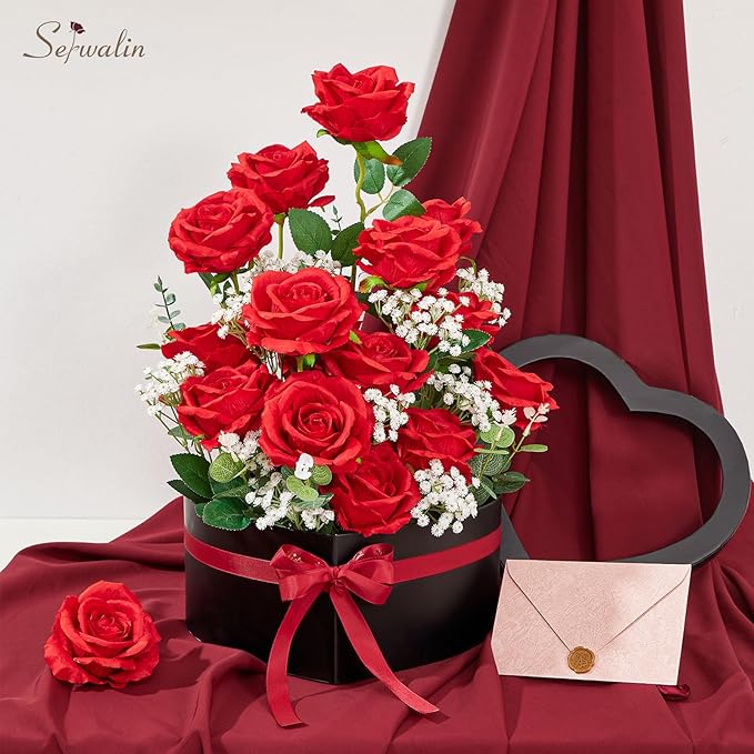 Serwalin 20Pcs Artificial Bright Red Roses, 4''Big Velvet Flower Head Fake Roses, Real Touch Silk Roses, Long Stems Realistic Roses Bouquet for Wedding Table Centerpiece and Home Decor
