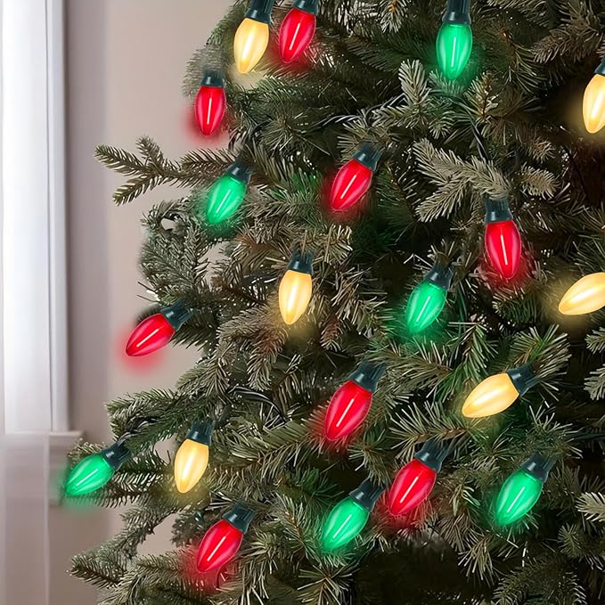 C7 LED Christmas Lights Outdoor, 25FT Clear Red Green and Frosted White Christmas String Lights with 27 LED Energy-Efficient Bulbs, Hanging Christmas Decorations Lights for Party Patio Garden Yard