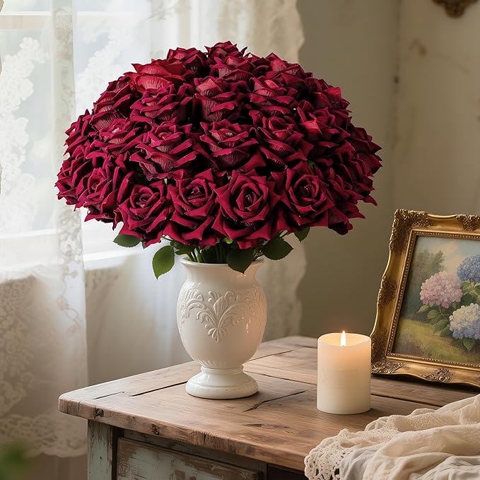 Fake Roses Faux Flowers Silk Roses Artificial Roses with Stems Realistic Artificial Flowers Suitable for Indoor Home Decoration Diy Bouquet Wedding Decor Party Decor 36PCS(16.5In,Black red)