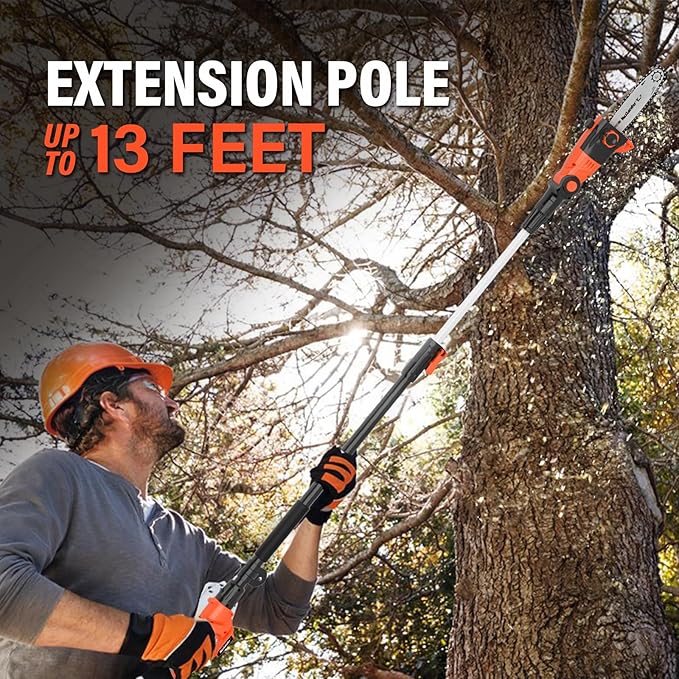 MAXLANDER 8 Inch Cordless Pole Saw, 20V Power Pole Chainsaw for Tree Trimming, Telescoping Electric Tool-free Installation, Adjustable Head Pole Saw with 2.0Ah Battery & Fast Charger