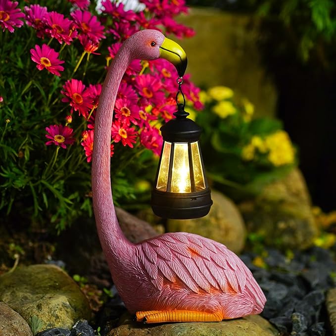 Solar Flamingo Statues for Garden Decor: Outdoor Figurines Sculpture with Lantern for Lawn Patio Yard Balcony - Gifts for Mom Grandma