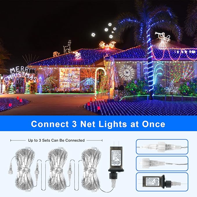 Blue Net Lights Outdoor - 360 LED Christmas Lights Plug in With Remote, 12 x 5ft Extendable 8 Modes Waterproof for Bushes Gazebo Lawn Wedding Patio Garden Tree Decoration