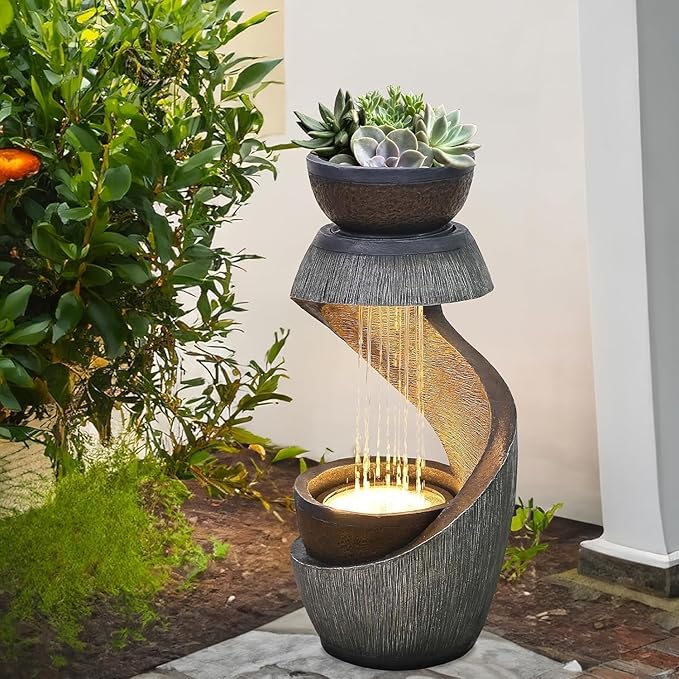 31.9" S-Shaped Water Outdoor Fountain–Modern Cascading Waterfall Feature with LED Lights & Planter Bowl, Garden Fountains Outdoor for Patio, Balcony, Yard or Home Decor, Resin Waterfall