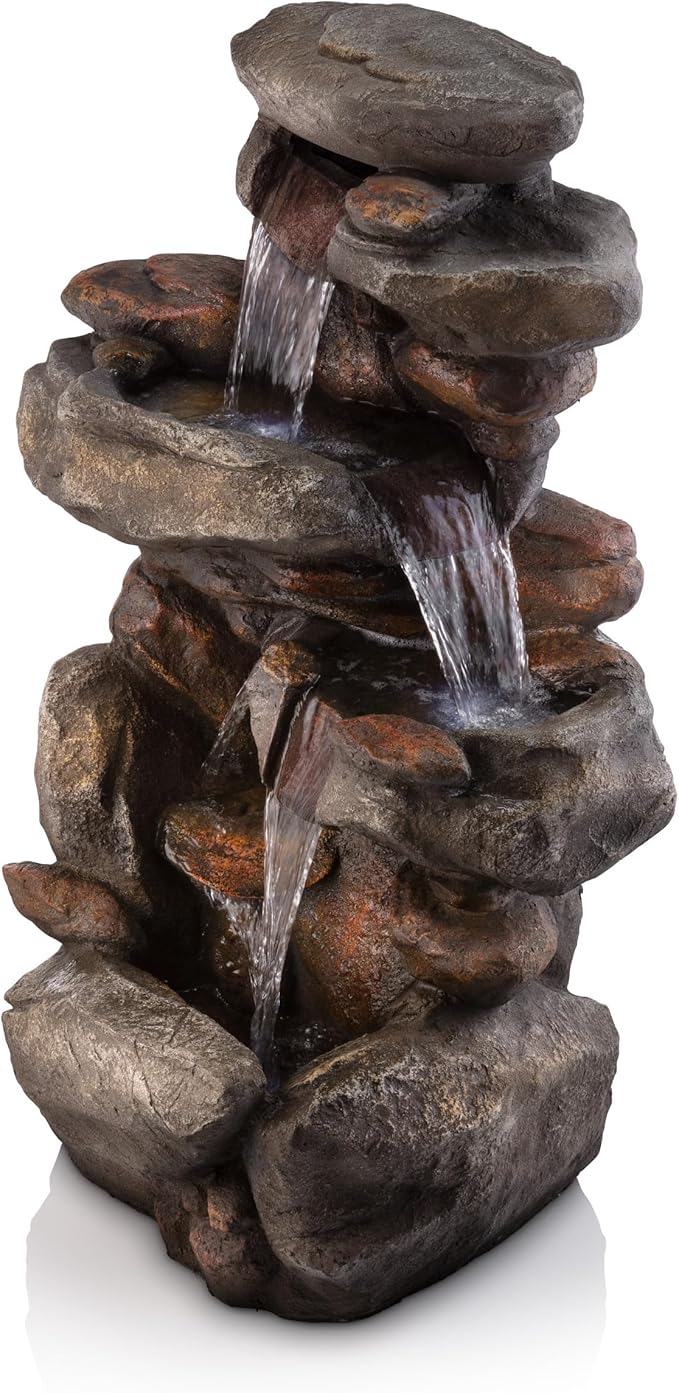 Alpine Corporation WIN316 40" Floor Fountain – 4-Tiered Rock Water Feature with Cascading Streams & White LED Lights – Tranquil Outdoor Décor for Garden, Patio, Yard, Deck, or Porch, Light Gray