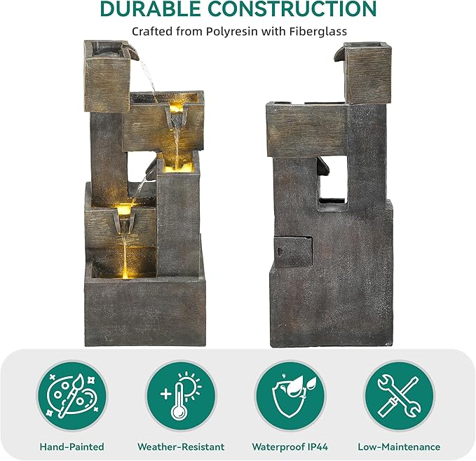 32.5" Modern Outdoor Water Fountain with LED Lights, 5-Tier Stacked Blocks Garden Fountain Cascading Waterfall Feature for Relaxing Garden, Patio, Backyard, Deck, Porch or Home Décor