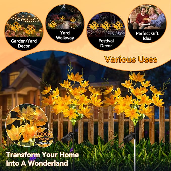 Neporal Solar Flowers Outdoor Waterproof IP65, 5-Head Snow Lotus with 20+ Flowers, Warm LED Light & 2 Lighting Modes, Decorative Solar Lights Outdoor Garden, Yard, Pathway, Flower Bed (4-Pack, Yellow)