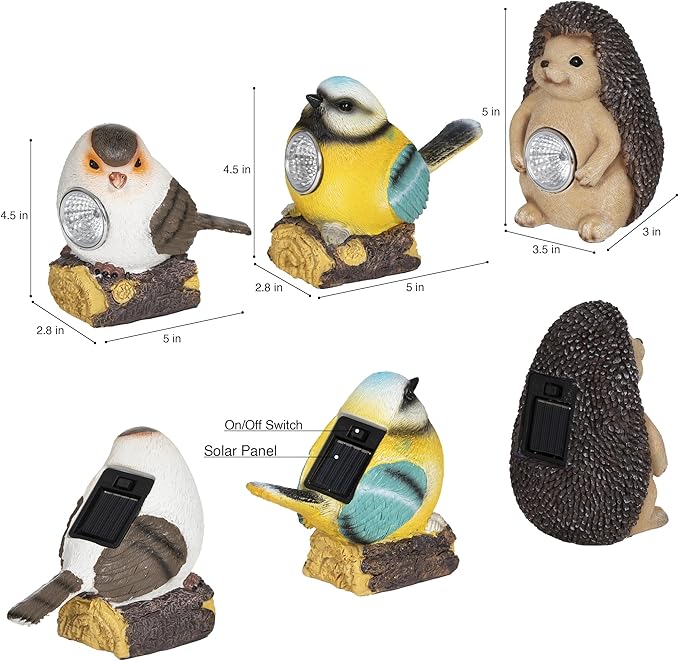 Outdoor Garden Solar Decor Light Set of 3 (2 Birds,1 Hedgehog) | Waterproof Solar Powered Lights for Yard, Patio & Walkway | Energy-Efficient & Weatherproof Garden Decor