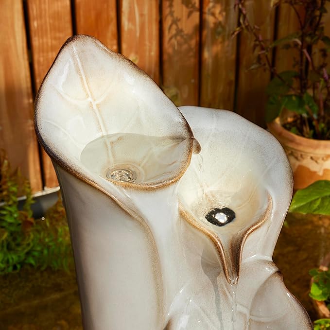 Glitzhome 31.25" H Outdoor Water Fountain with LED Lights and Pump, 4 Tier Sand Beige Lotus Leaf Textured Ceramic Floor Standing Fountain, Vase Waterfall Fountains for Porch Deck Garden Patio Backyard