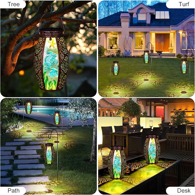 Larekook Outdoor Solar Lantern-Waterproof Turtles Hanging Metal Decorative Lights for Patio Table Garden Pathway Yard with Super Bright Warm White LED,Large Solar Panels,Auto On/Off Sensor