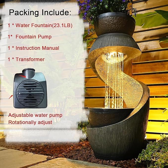 31.9" S-Shaped Water Outdoor Fountain–Modern Cascading Waterfall Feature with LED Lights & Planter Bowl, Garden Fountains Outdoor for Patio, Balcony, Yard or Home Decor, Resin Waterfall