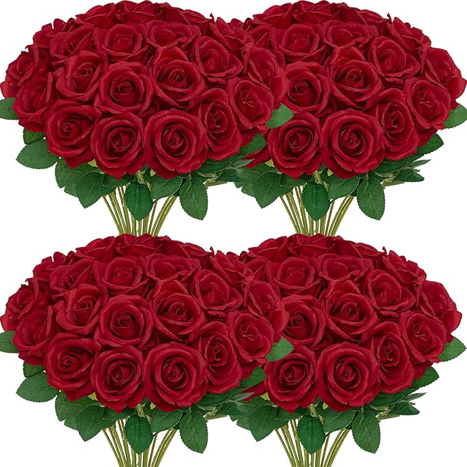 Serwalin 60 PCS Red Artificial Roses Bulk, Realistic Silk Fake Roses for Bridal Bouquet Wedding Centerpieces Table Arrangement Party Home Decor