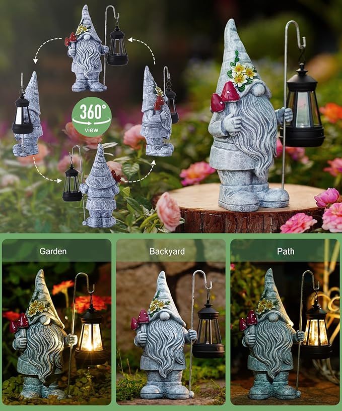 Solar Gnome Statue for Outdoor Decor: Outside Garden Sculpture for Yard Lawn Balcony Patio Porch- Birthday Gifts for Mom Women Grandma
