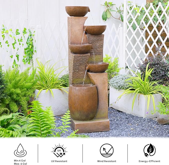 51.4" H Large Water Fountain Outdoor&Indoor, 5-Tiers Cascading Modern Feature Crocks Garden Fountains and Waterfalls with Warm Lights for Porch, Deck, Patio, Home Décor (Brown)
