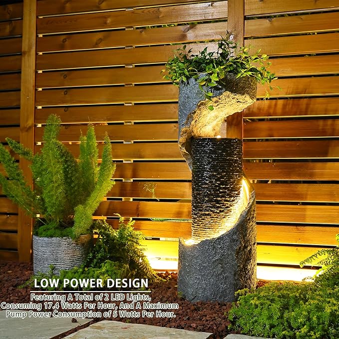 Water Fountain Outdoor 35.4" H Modern Outdoor Fountains and Waterfalls Flooring Standing Indoor Fountain with LED Lights and Pump for Garden, Patio, Deck, Backyard, Porch and Home Art Decor