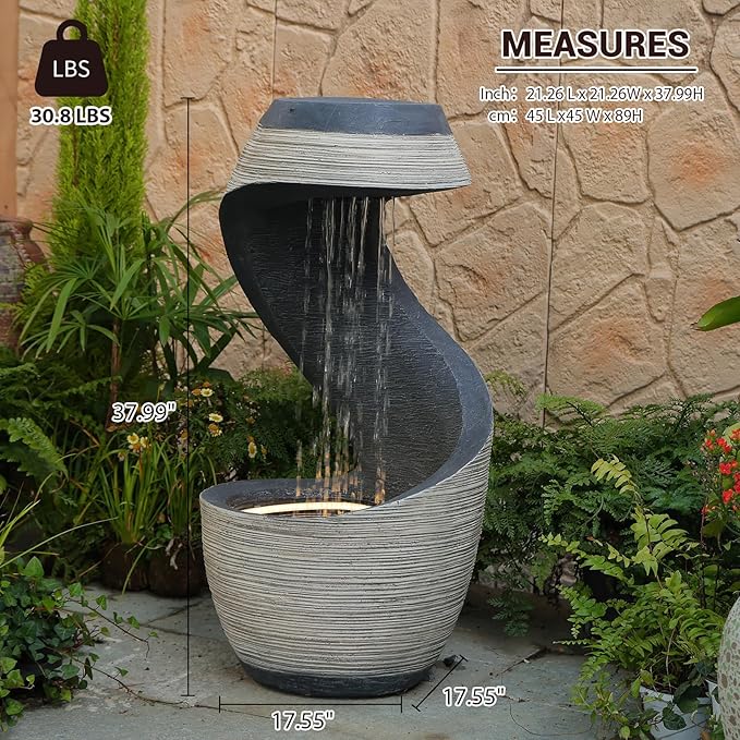 37" Tall S-Shaped Outdoor Waterfall Fountain – Rainfall Water Fountain for Garden, Patio or Backyard Decor, Floor-Standing Resin Garden Fountains Outdoor Water Feature with Flat Top for Plant Display