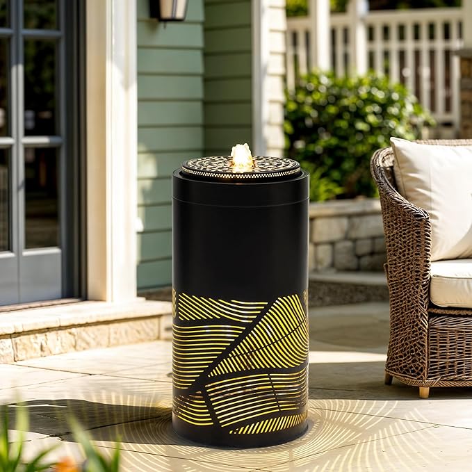 23.6 Inch Modern Outdoor Water Fountain with LED Lights - Black Geometric Bird Bath Garden Fountain for Patio, Yard, Porch Decor - Soothing Waterfall for Relaxing Ambiance