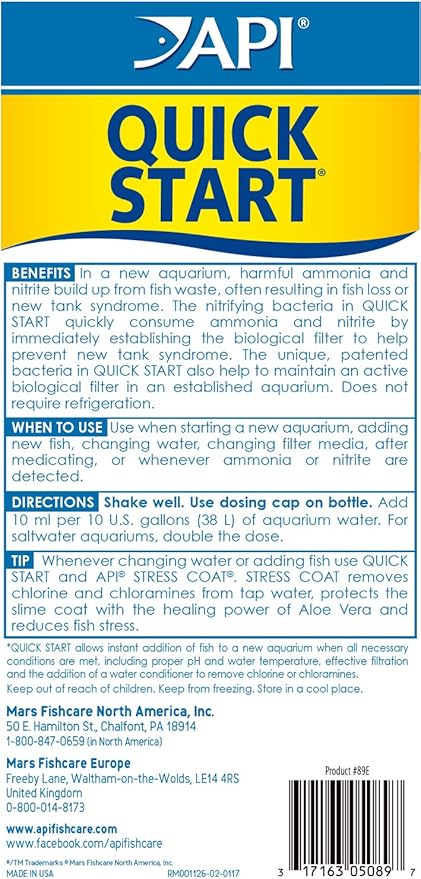 API Aquarium Starter Bundle Pack: One (1) API Quick Start 16 oz., one (1) API Stress Coat 16 oz., one (1) API Aquarium Salt 16 oz.