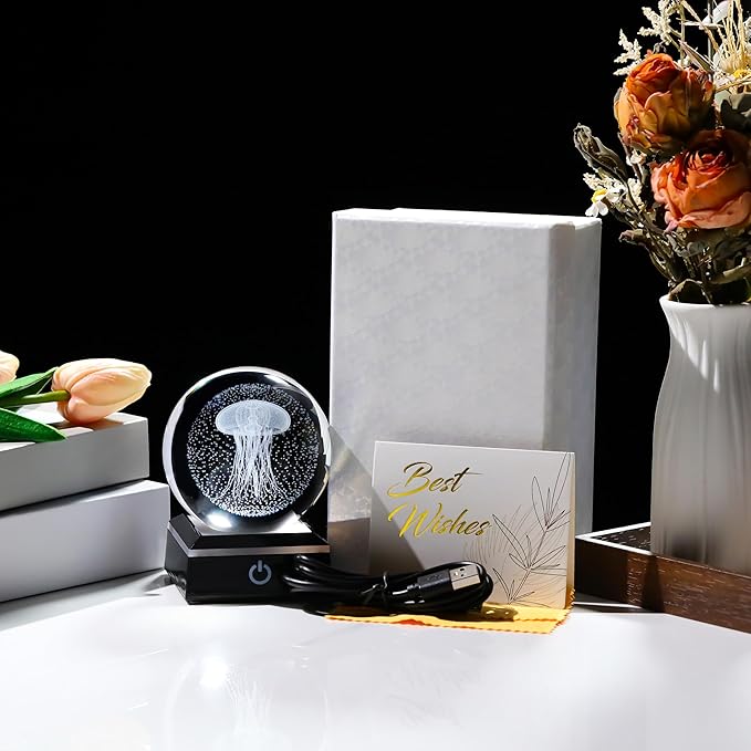 Qianwei Jellyfish Lamp for Women 3D Crystal Ball 3.14'' - 80mm Laser Jellyfish Decor Glass Animals Jellyfish Night Light Gifts Figurines Statue for Room Decorations Jellyfish Stuff