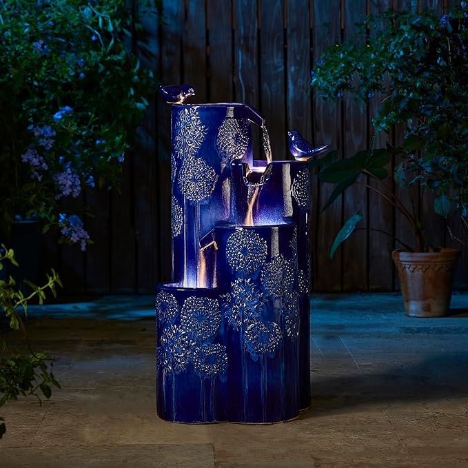Glitzhome 32" H Outdoor Water Fountain with LED Lights and Pump, 4 Tier Ceramic Cobalt Blue Dandelion Texture Outdoor Fountains and Waterfalls with Cute Birds, for Porch Deck Garden Patio Backyard