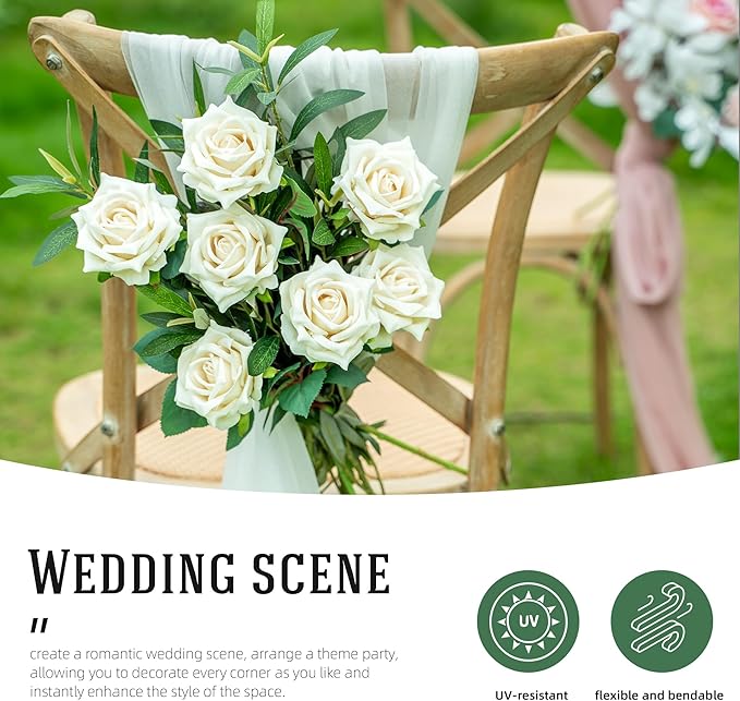 Fake Roses Faux Flowers Silk Roses 36PCS Artificial Roses with Stems Realistic Artificial Flowers Suitable for Indoor Home Decoration DIY Bouquet Wedding Decor Party Decor 16.5In (White)