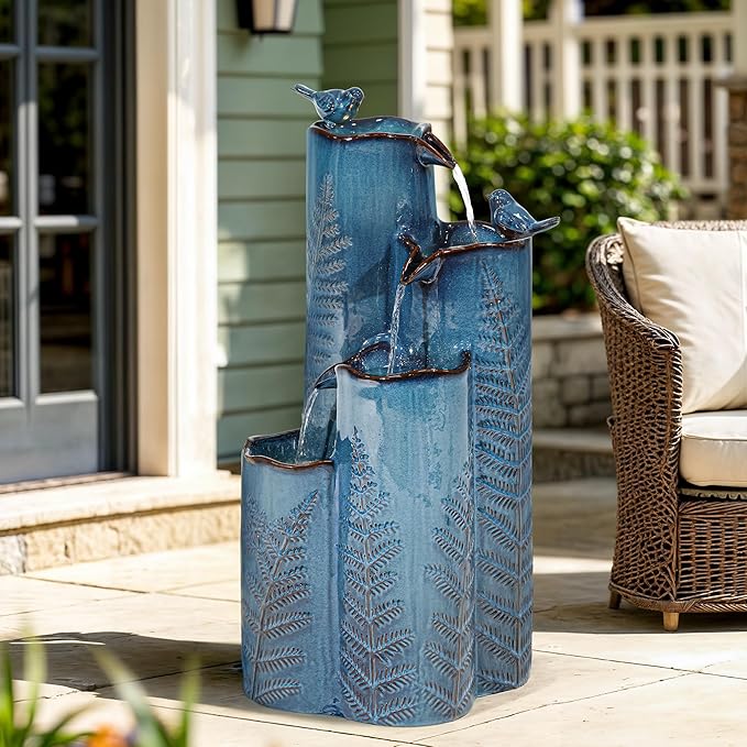 32 Outdoor Water Fountain, Unique Vase Ceramic Fountain withs Lights, 4-Tier Waterfalls with Birds, Tranquil Oasis for Garden Patio Yard Deck Balcony Decor, Tropical Fern, AquavTurquoise