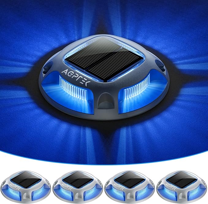 AGPTEK Solar Driveway Lights 4 Pack, 2 Colors in 1 Outdoor Solar Deck Dock Marine Waterproof LED Driveway Marker Security Lights for Outside Pathway,Boat Dock,Step,Walkway,Path,Garden (Blue & White)