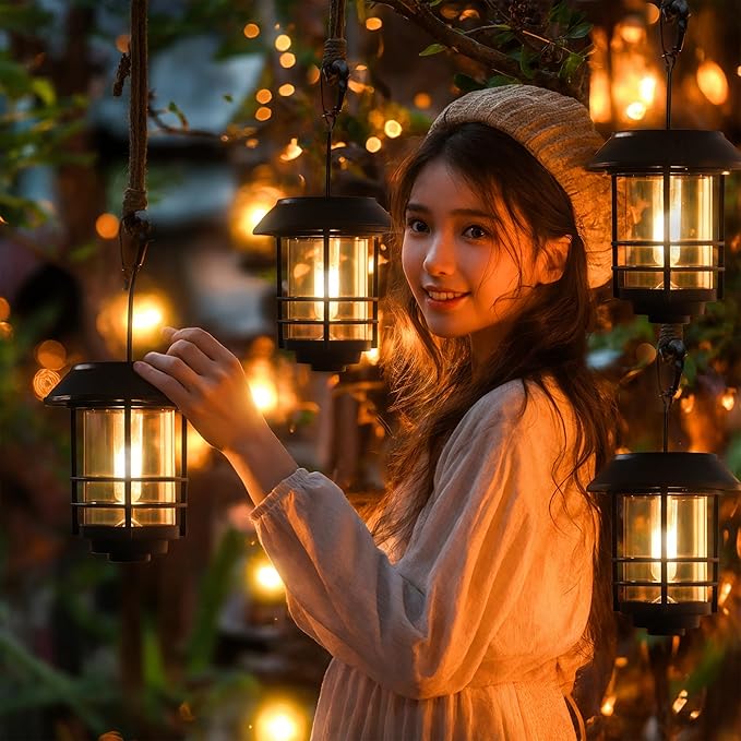 Otdair Solar Lantern Outdoor - 2 Glass Hanging Lights, Waterproof Wall Sconce, Decorative for Front Porch, Yard and Garden