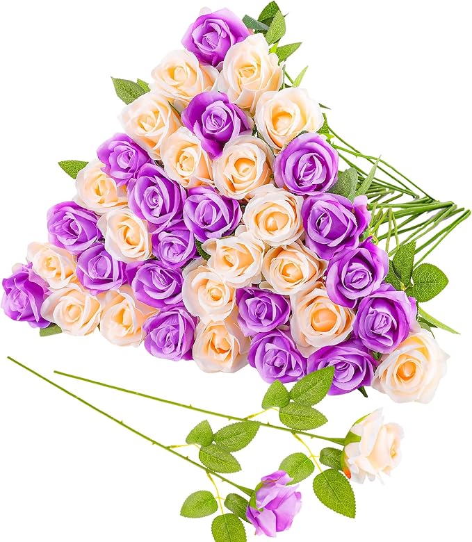 36 Pcs Purple, Champagne Artificial Roses with Long Stems, Purple Fake Silk Rose Artificial Flowers Bulk for Bridal Wedding Bouquet Centerpiece Ball Arrangement Party Decor