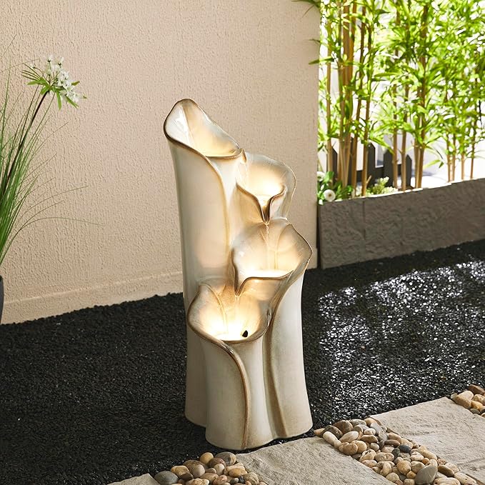 Glitzhome 31.25" H Outdoor Water Fountain with LED Lights and Pump, 4 Tier Sand Beige Lotus Leaf Textured Ceramic Floor Standing Fountain, Vase Waterfall Fountains for Porch Deck Garden Patio Backyard
