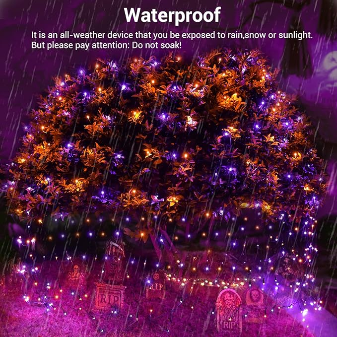 Joomer 12ft x 5ft 360LED Orange Purple Halloween Net Lights Outdoor Mesh lights, 8 Modes Timer Connectable Waterproof Bush Lights Mesh Netting Lights for Halloween Outdoor Decorations (Green Wire)