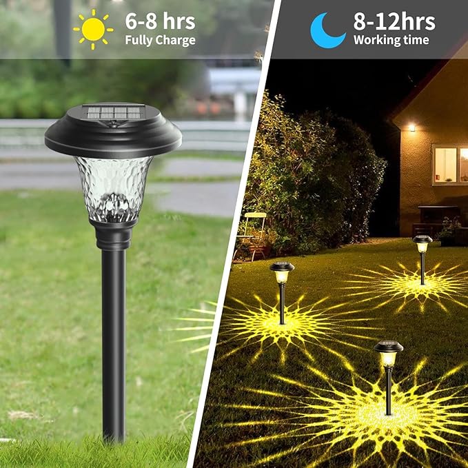 8 Pack 3 Mode Solar Pathway Lights for Outdoor Color Changing/Warm White/Bright White Waterproof Garden Stainless Steel Landscape Path Lighting Walkway Yard Lights Glass LED RGB Black