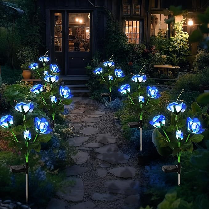 Solar Garden Lights Outdoor, 4 Pack Solar Flower Lights Outdoor Waterproof with 16 Rose, 2 Modes Realistic Rose Flower for Yard, Pathway, Garden Decor & Gardening Gift