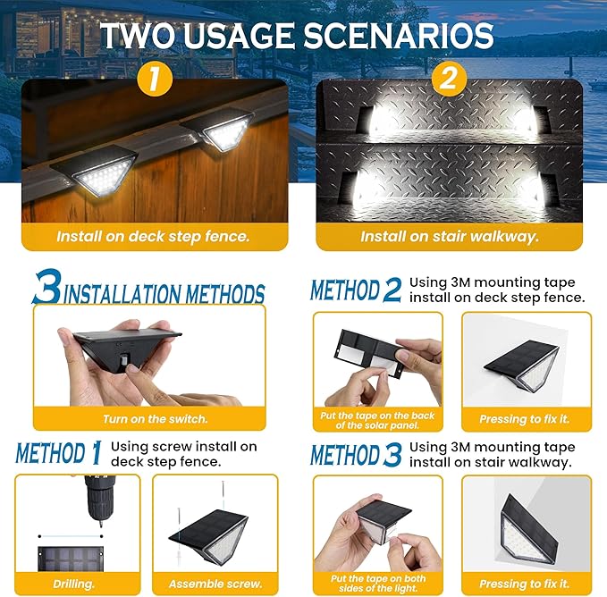 SOLPEX Solar Step Lights for Outside, 24 LEDs Solar Stair Lights Outdoor Waterproof Decor for Stair, Porch, Step, Deck, Fence, Front Door, Balcony, Patio, Wall, Yard, Garden(2 Pack, Cold White)