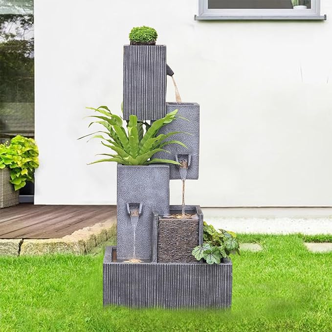 Tiered Water Fountain Outdoor Garden - Waterfall Patio Freestanding Cascade Fountains Concrete Artistry Modern Style with LED Lights for Yard Pool Home Decor, 41.5 inches Tall