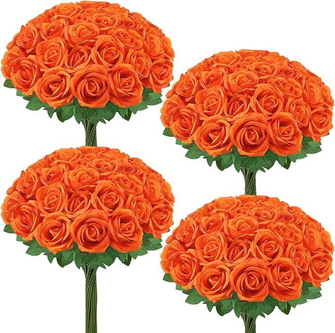 36 Pcs Orange Artificial Roses with Long Stems, Fake Silk Rose Artificial Flowers Bulk for Bridal Wedding Bouquet Centerpiece Ball Arrangement Party Decor