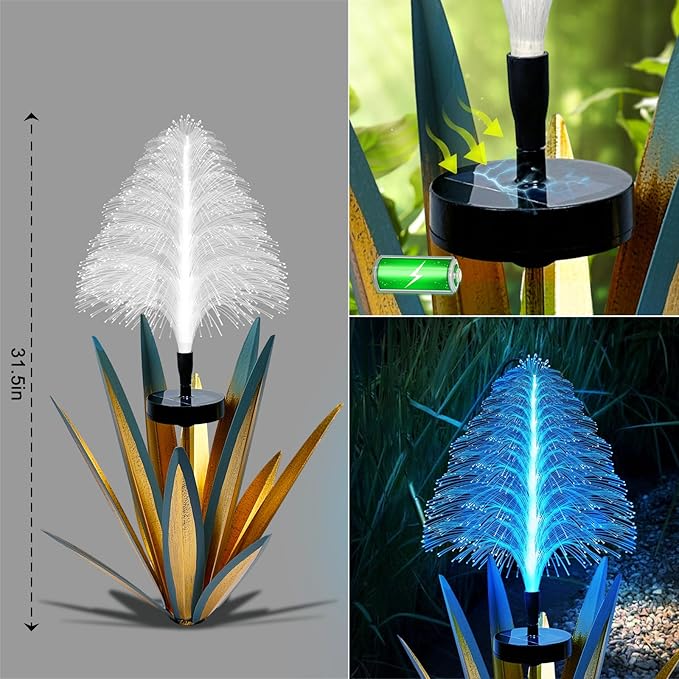 Metal Outdoor Decoration Gift Metal Agave Plants Outdoor Decor, Metal Agave Yard Art Garden Lights Solar Outdoor, 7 Color Changing Garden Yard Pathway Xmas Decor Waterproof & Solar Powered(1pcs Blue)