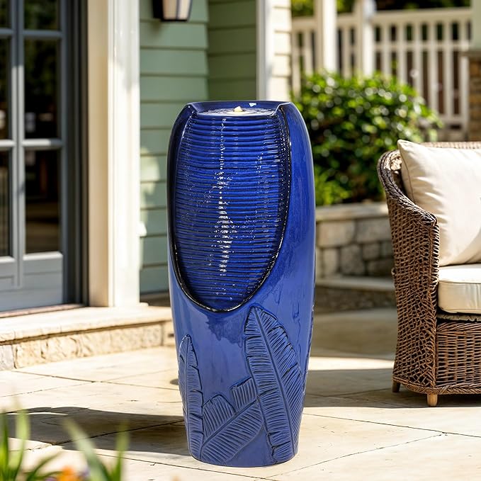 33" Tall Outdoor Garden Fountain with LED Lights, Modern Ceramic Jar Water Fountain, 3D Tropical Leaf Pattern, Cobalt Blue Glaze, Soothing Cascading Waterfall for Relaxing Patio, Yard, Porch