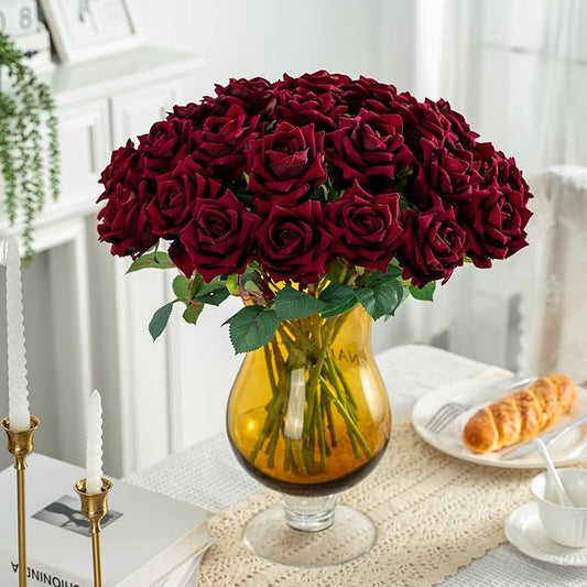 Fake Roses Faux Flowers Silk Roses Artificial Roses with Stems Realistic Artificial Flowers Suitable for Indoor Home Decoration Diy Bouquet Wedding Decor Party Decor 24PCS(Black red,16.5In)