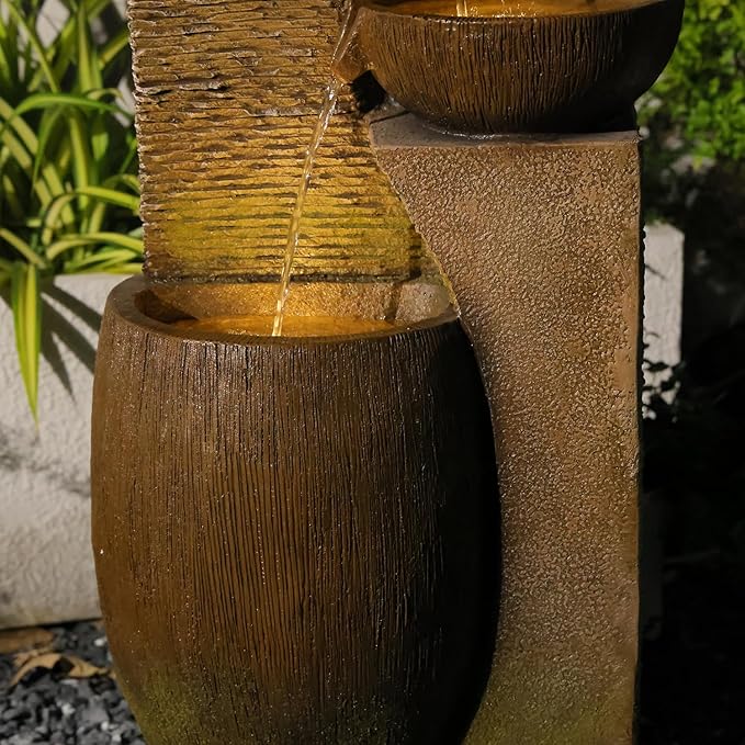 51.4" H Large Water Fountain Outdoor&Indoor, 5-Tiers Cascading Modern Feature Crocks Garden Fountains and Waterfalls with Warm Lights for Porch, Deck, Patio, Home Décor (Brown)