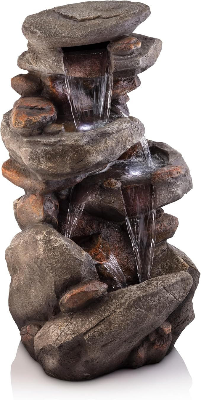 Alpine Corporation WIN316 40" Floor Fountain – 4-Tiered Rock Water Feature with Cascading Streams & White LED Lights – Tranquil Outdoor Décor for Garden, Patio, Yard, Deck, or Porch, Light Gray