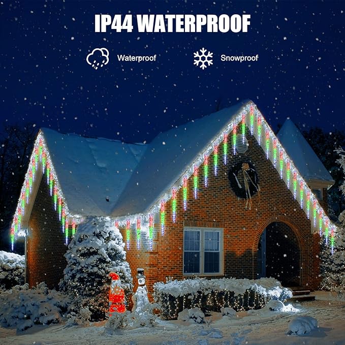 Icicle Lights Outdoor, 10 Ft Meteor Shower Lights with 10 Ice Shaped Tube, Snowfall Shooting Star Light Effect, Falling Crystal Christmas Decorations for House Eave Roofline Patio, Multicolor