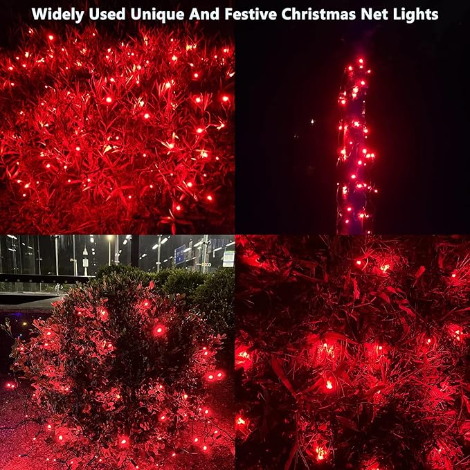 HISHINY LED Red Christmas Net Lights Outdoor,5ftx5ft 100LED Green Wire, Connectable Indoor Outdoor Bush Mesh Net Lights String for Halloween Christmas Party,Shrub,Yard,Tree(Red)