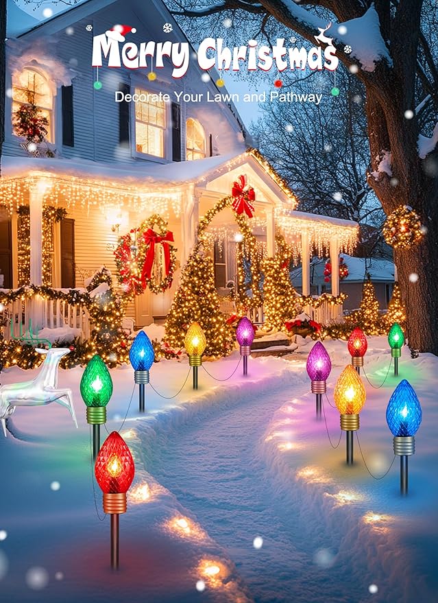 Strawberry Jumbo C9 Christmas Lights Outdoor - 4 Pack Total 34FT 20 LED Jumbo C9 Christmas Pathway Lights Outdoor, C9 Walkway Lights, Christmas Decoration for Outside Lawn Holiday, Multicolor