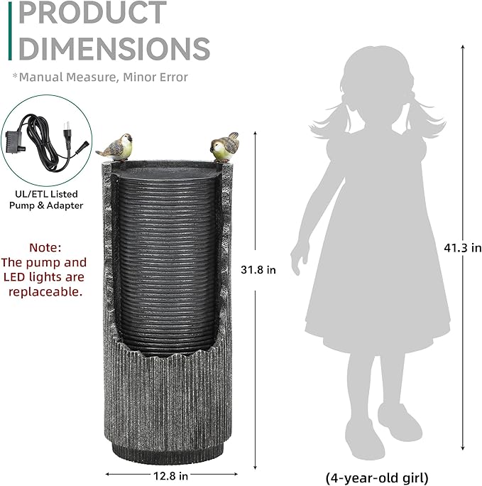 32" Rustic Cracked Jar Water Fountain Outdoor with LED Lights, Polyresin Freestanding Waterfall Feature, Tranquil Oasis for Garden, Patio, Yard, or Porch